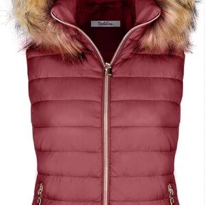 Women's Red Puffer Jacket with Faux Fur Hood